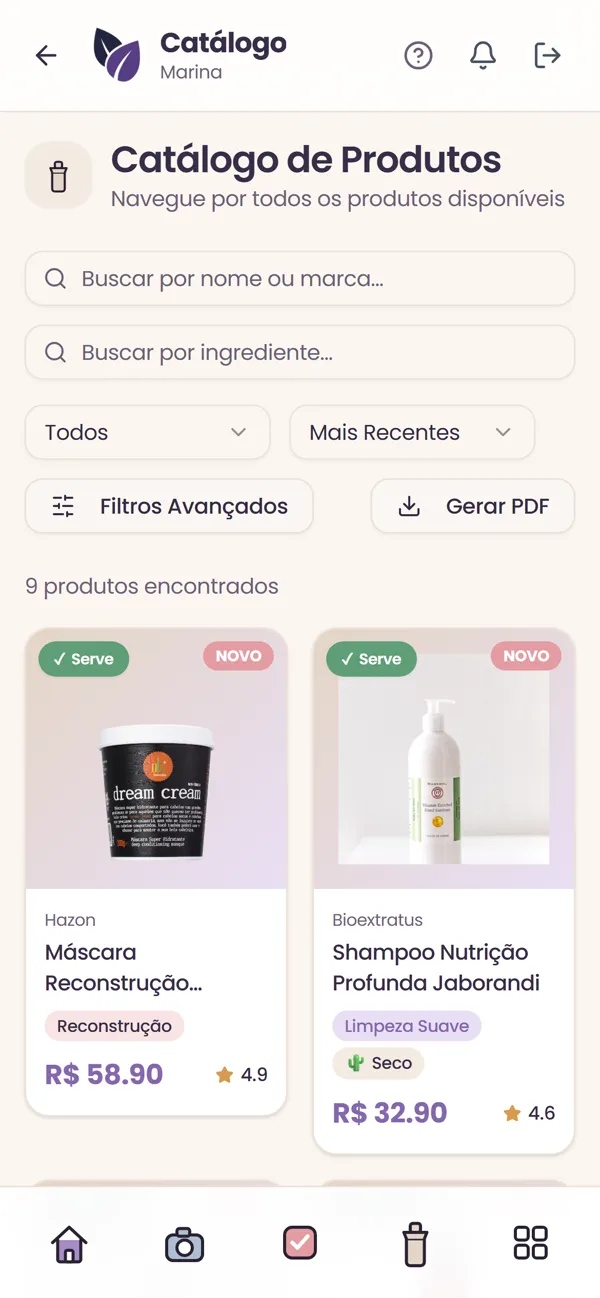 Tela do catálogo de produtos do aplicativo: busca por nome, marca ou ingrediente, com filtros avançados
