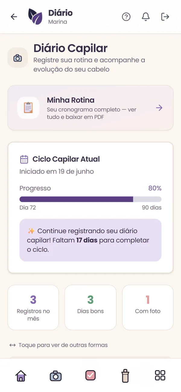 Tela do Diário Capilar do aplicativo: progresso do ciclo capilar, dias registrados e calendário de acompanhamento